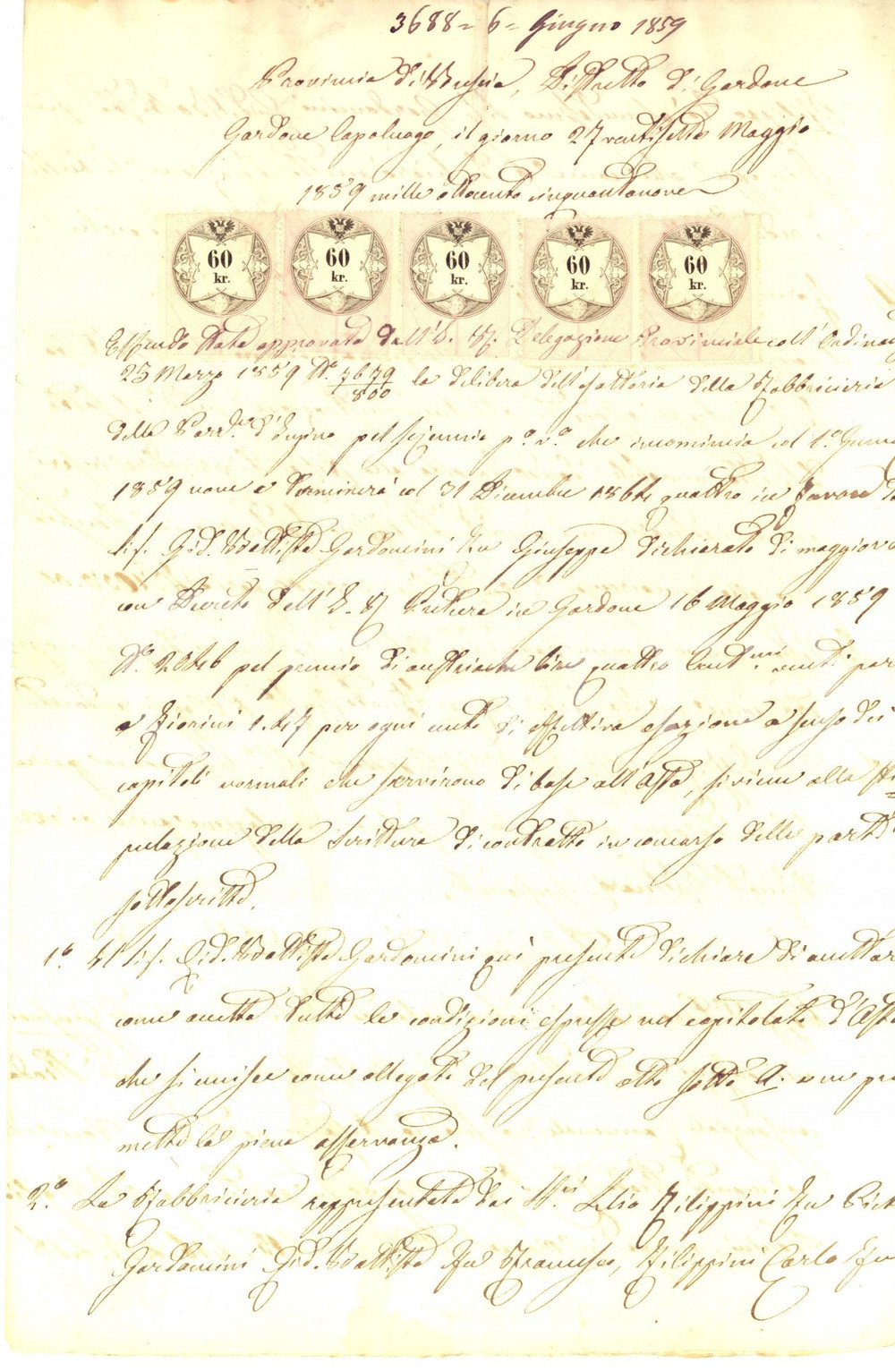 Documento originale, autentico 1859 INZINO BS Giovanni Battista GARDONINI nuovo esattore della Fabbriceria 1