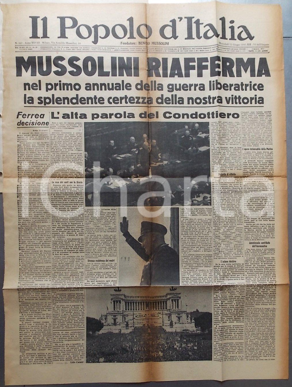 Giornale, rivista storica 1941 IL POPOLO D ITALIA WW2 Benito MUSSOLINI riafferma certezza della vittoria 1