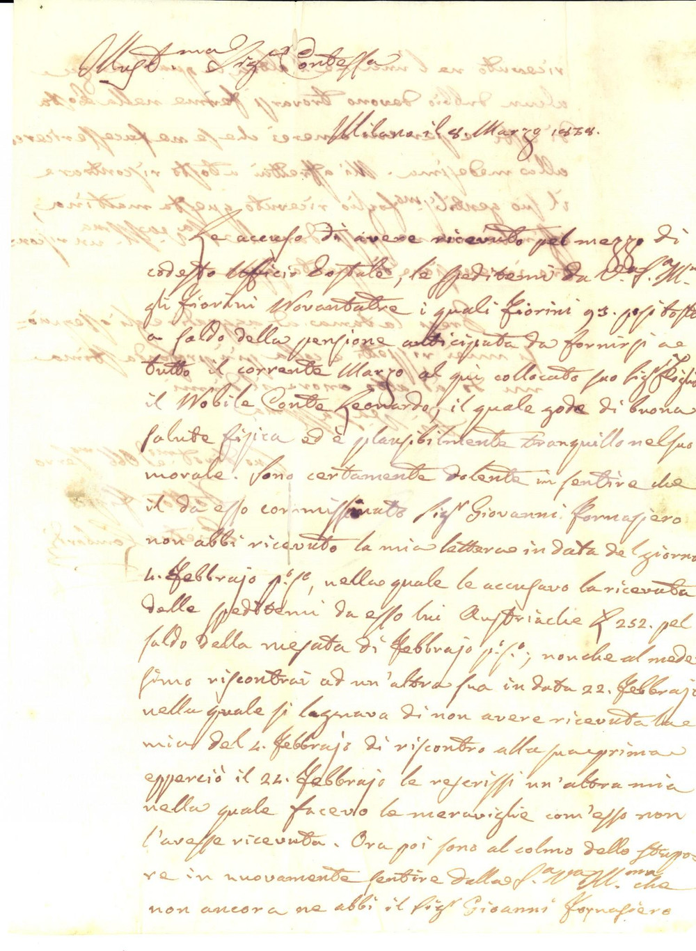 Documento originale, autentico 1838 MILANO Pietro LOMBARDI riceve retta per il conte Leonardo LABIA Lettera 1
