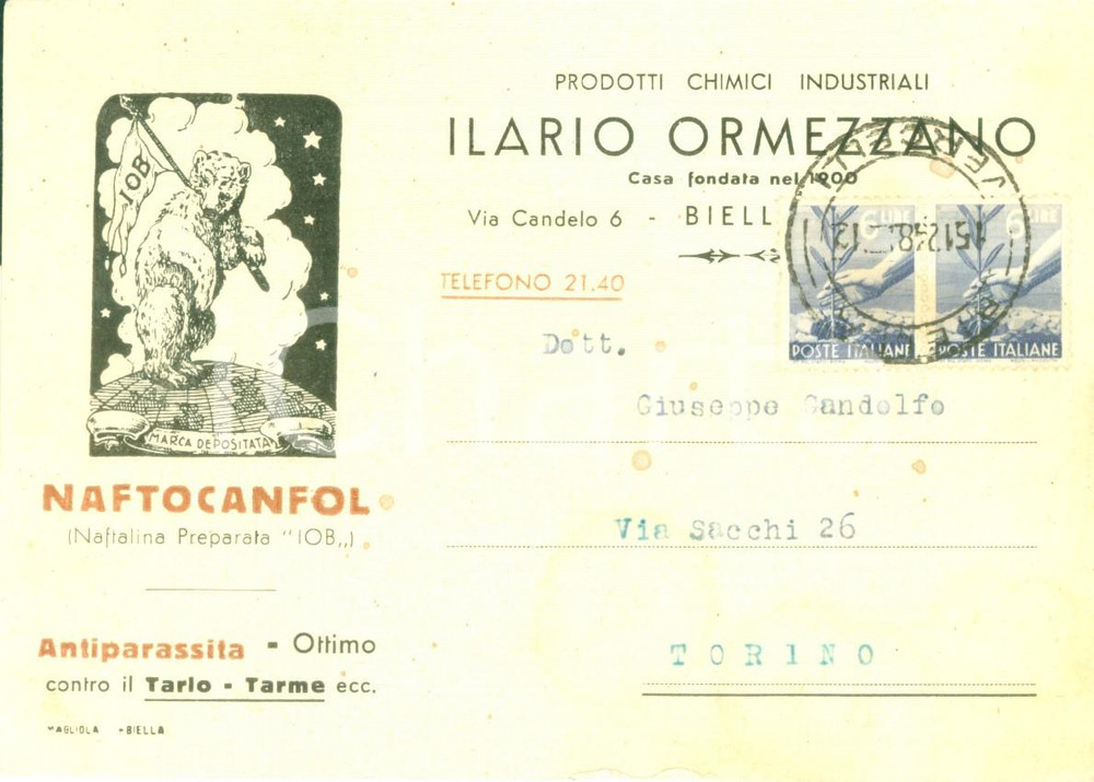 Materiale pubblicitario d’epoca 1948 BIELLA Ilario ORMEZZANO prodotti chimici industriali NAFTOCANFOL Cartolina 1