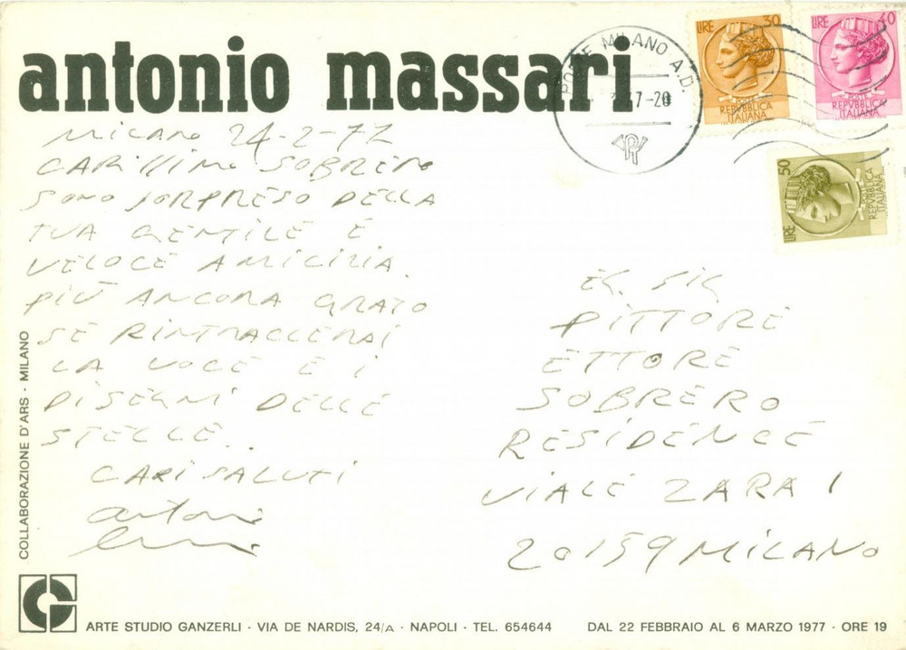 Autografo originale 1977 NAPOLI Pittore Antonio MASSARI Cartolina illustrata con AUTOGRAFO 1