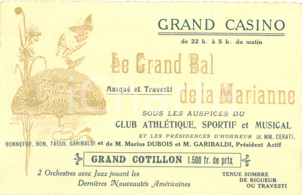 Documento originale, autentico 1930 ca MARSEILLE F Le Grand Bal de la Marianne au GRAND CASINO en travesti 1