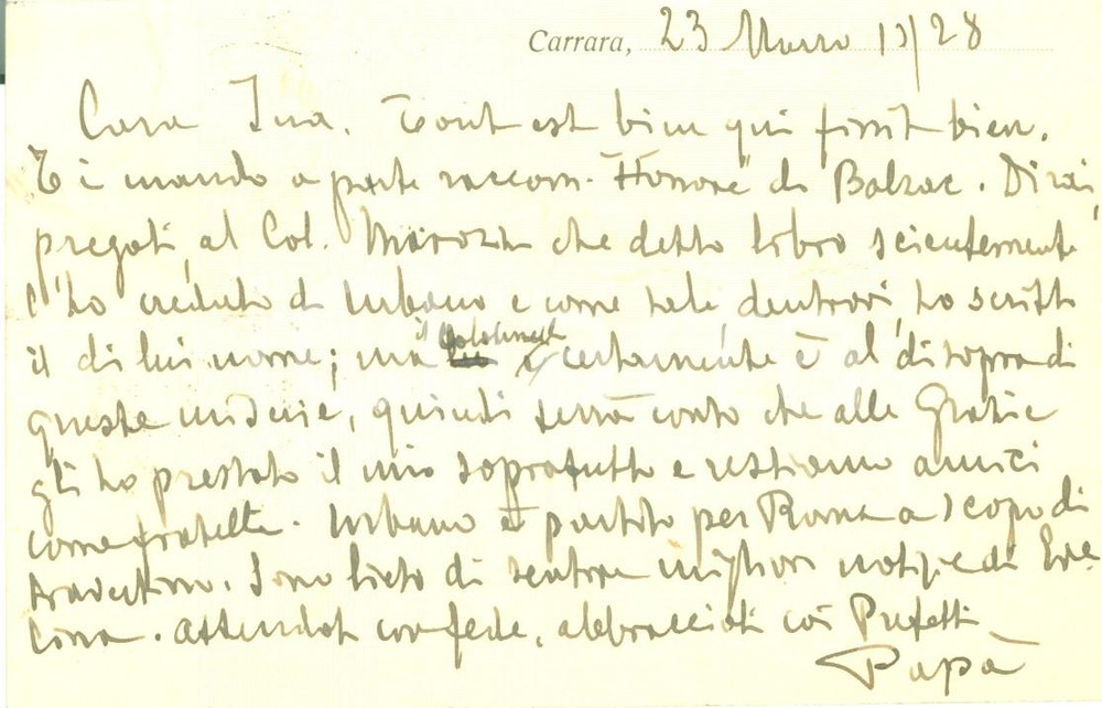 Autografo originale 1928 CARRARA MS Conte Federico DE BELLEGARDE invia volumi di BALZAC AUTOGRAFO 1