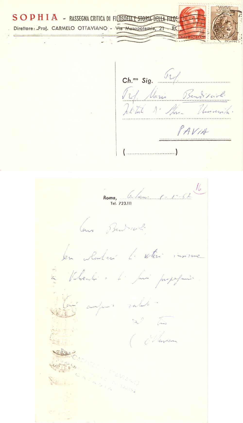 Autografo originale 1967 CATANIA Carmelo OTTAVIANO promette voto a Mario BENDISCIOLI Rivista SOPHIA 1