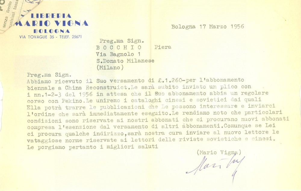 Manoscritto, lettera originale 1956 BOLOGNA Libreria Mario VIGNA invia copie China Reconstruict AUTOGRAFO 1