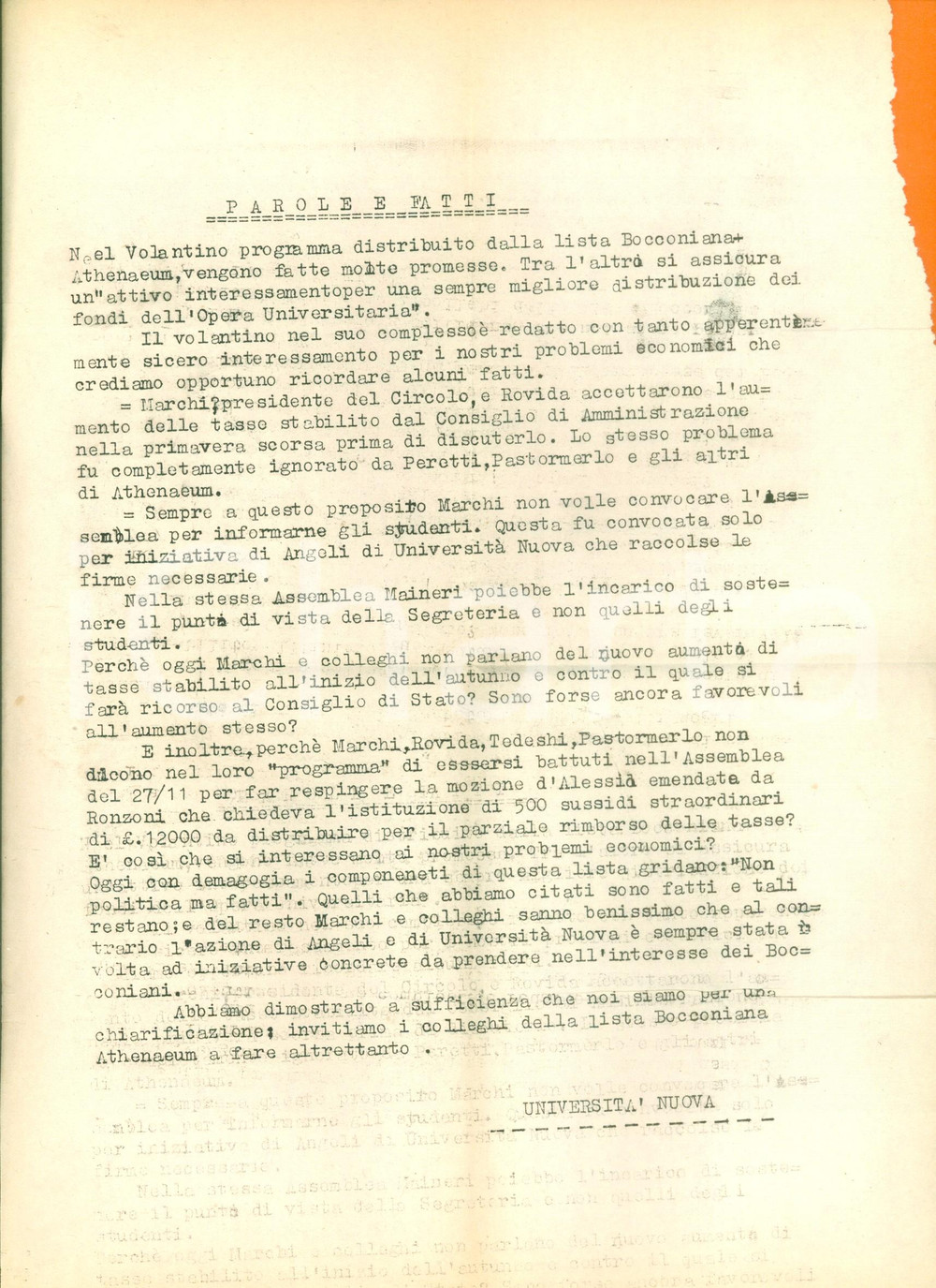 Materiale pubblicitario d’epoca 1957 MILANO UniversitÃ  BOCCONI Lista elettorale ATHENAEUM parole e niente fatti 1