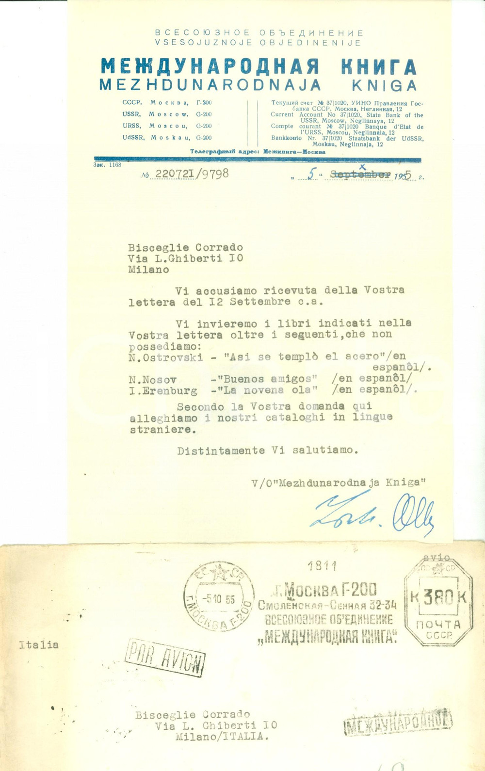 Manoscritto, lettera originale 1955 MOSCA URSS Editrice MEZHDUNARODNAJA KNIGA invia volumi a Corrado BISCEGLIE 1