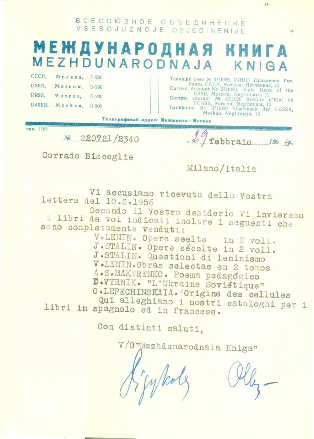 Manoscritto, lettera originale 1956 MOSCA URSS Editrice MEZHDUNARODNAJA KNIGA invia volumi a Corrado BISCEGLIE 1