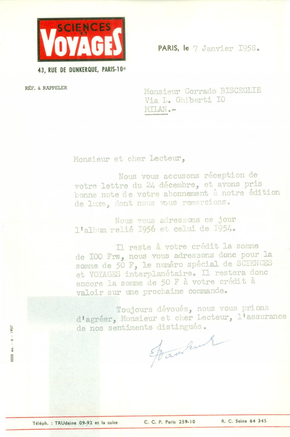 Manoscritto, lettera originale 1958 PARIS Rivista SCIENCES ET VOYAGES invia edizioni di lusso Lettera intestata 1
