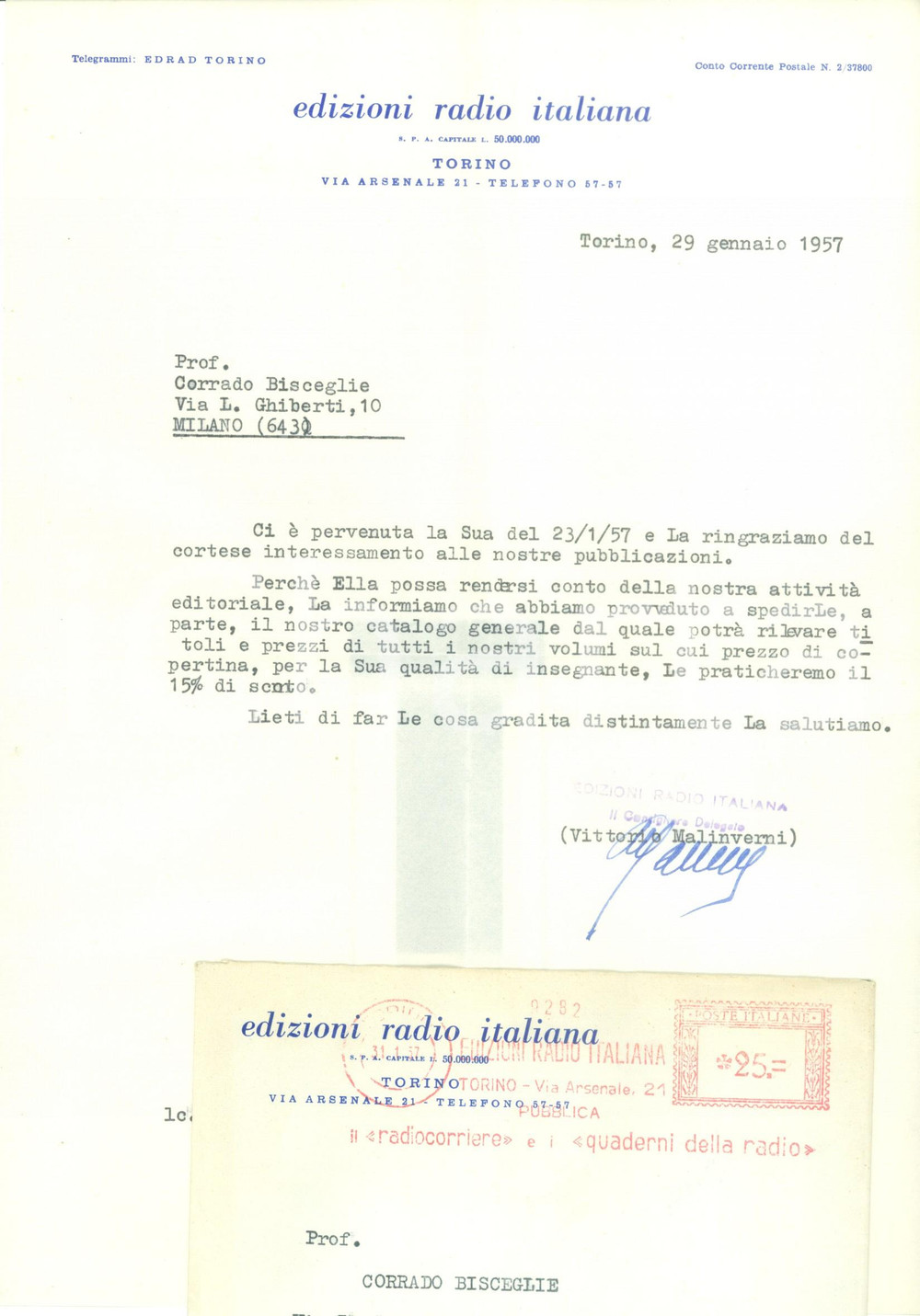 Manoscritto, lettera originale 1957 TORINO Edizioni Radio Italiana ERI Vittorio MALINVERNI Lettera AUTOGRAFO 1
