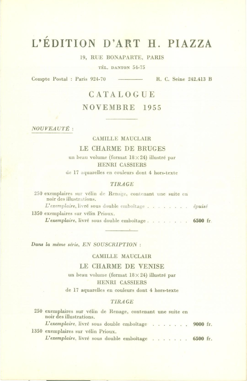 Materiale pubblicitario d’epoca 1955 PARIS L Edition d Art Henri PIAZZA Catalogue des livres publiÃ©s 1