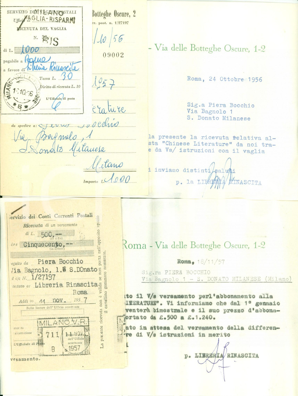 Manoscritto, lettera originale 19561957 ROMA Libreria RINASCITA conferma abbonamenti rivista GUOZI SHUDIAN 1