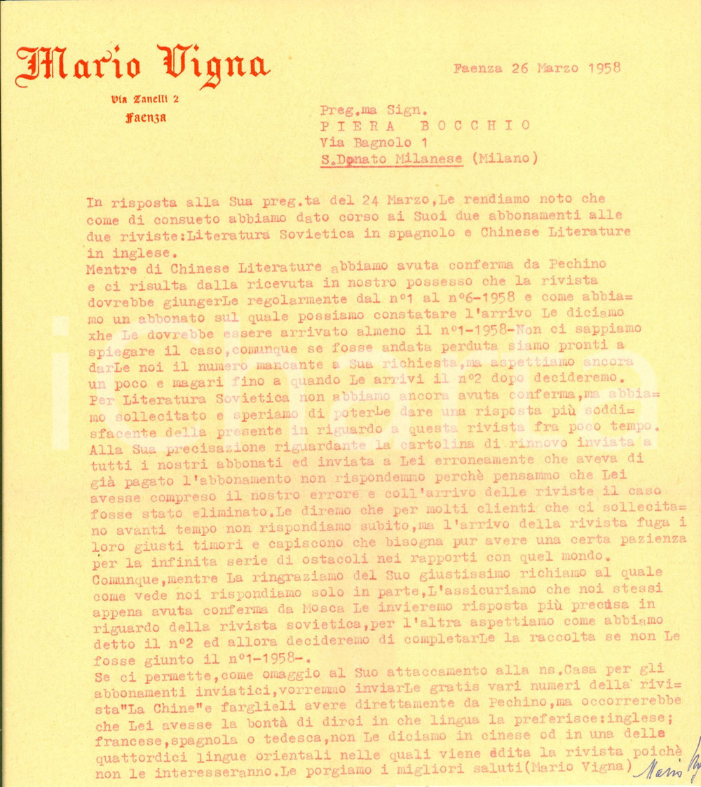 Manoscritto, lettera originale 1958 FAENZA RA Libreria Mario VIGNA Bisogna aver pazienza con le spedizioni 1