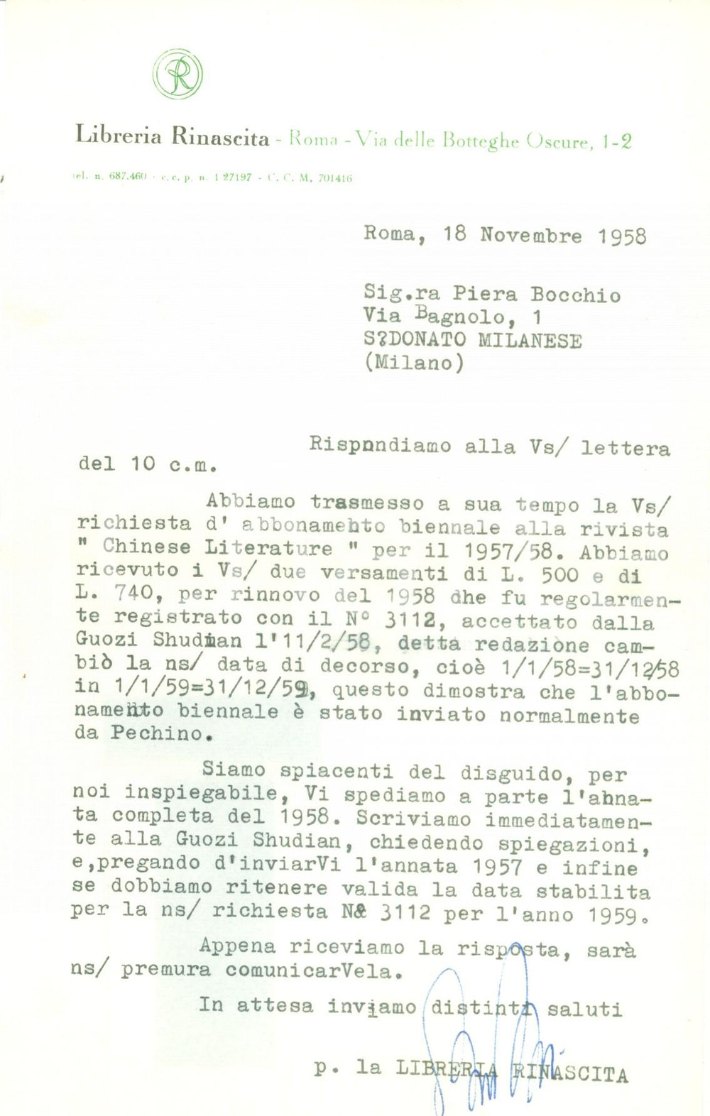 Manoscritto, lettera originale 1958 ROMA Libreria RINASCITA su abbonamento Chinese Literature GUOZI SHUDIAN 1