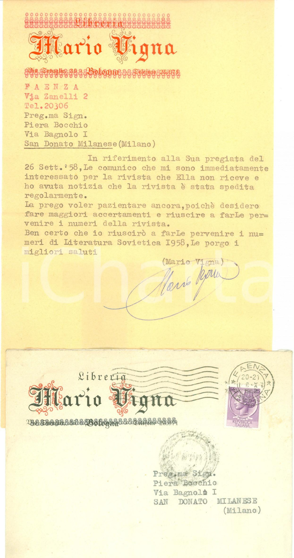 Manoscritto, lettera originale 1958 FAENZA RA Libreria Mario VIGNA ricerca una spedizione smarrita AUTOGRAFO 1