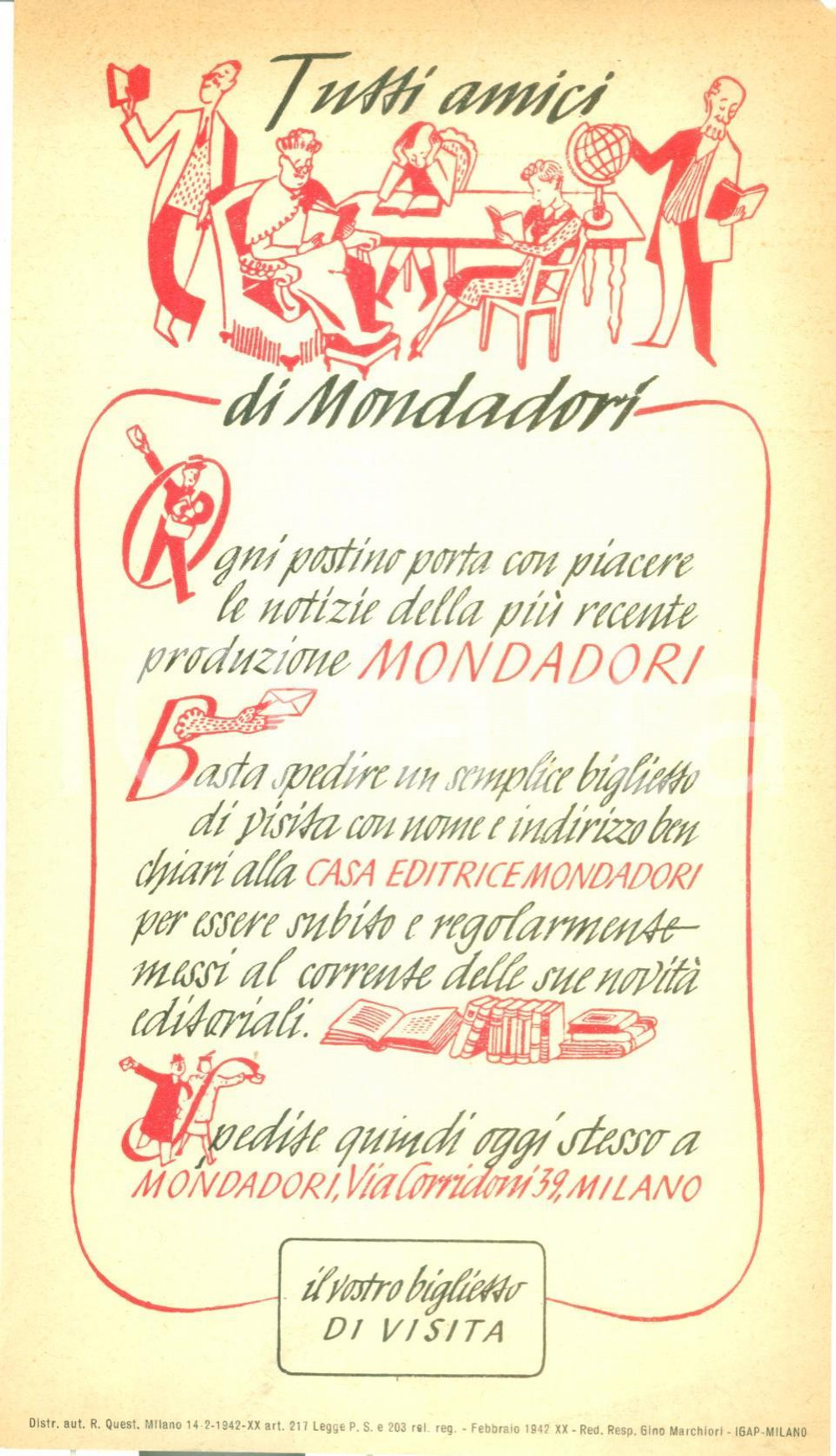 Materiale pubblicitario d’epoca 1942 MILANO Casa Editrice MONDADORI  Volantino ILLUSTRATO pubblicitario 1 1