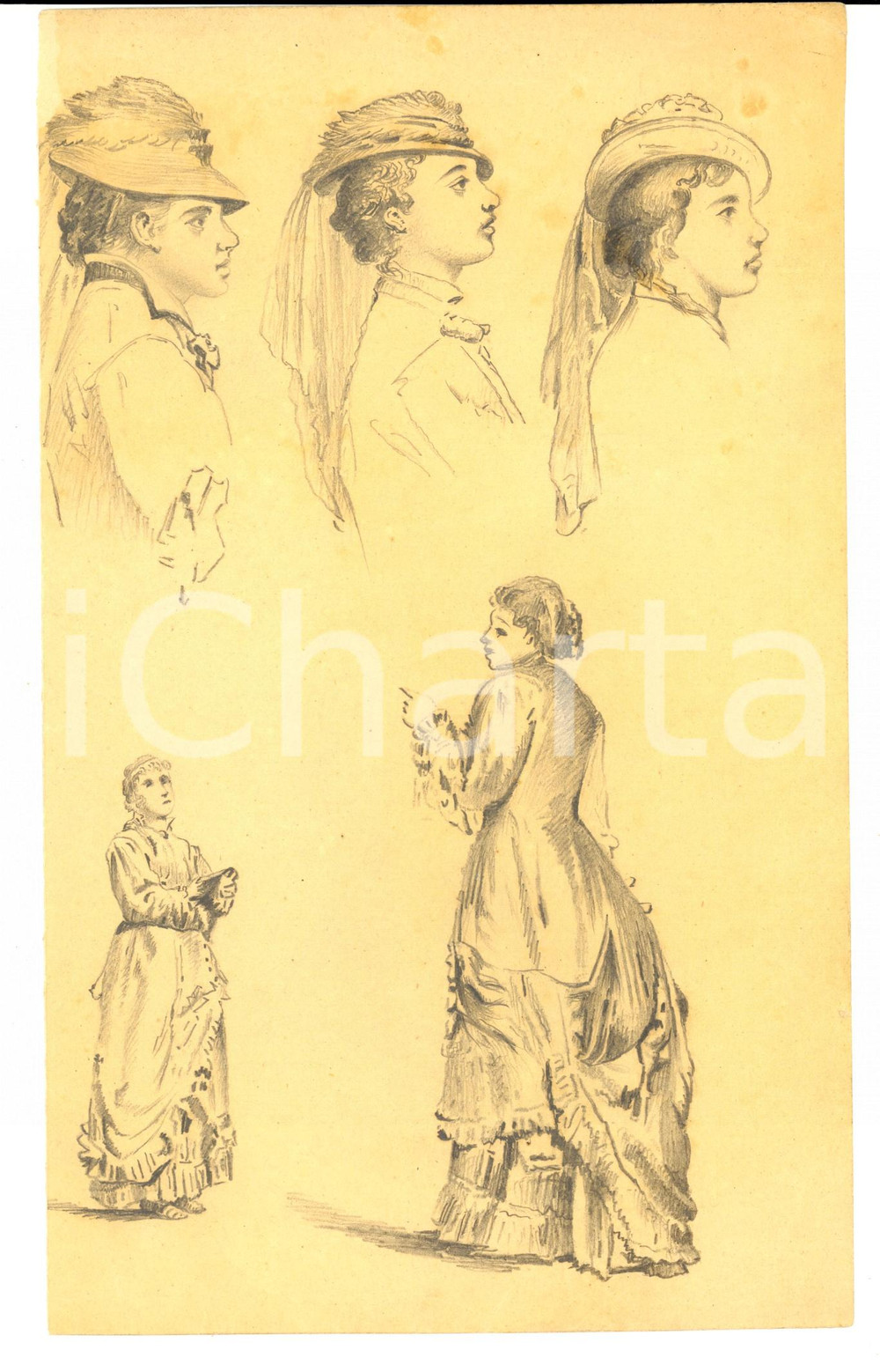 Opera d’arte autentica 1930 ca STORIA DELLA MODA Bozzetto a matita di donne in abito Primo Novecento 1