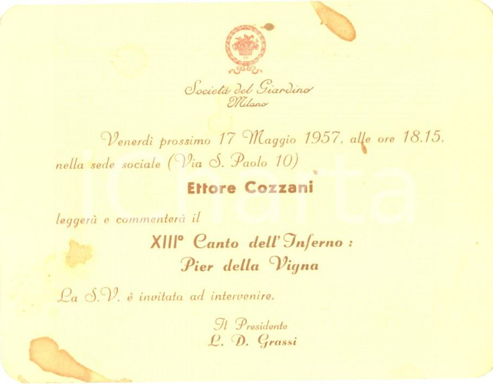 Materiale pubblicitario d’epoca 1957 MILANO SOCIETA  DEL GIARDINO Ettore COZZANI legge Canto INFERNO di Dante 1