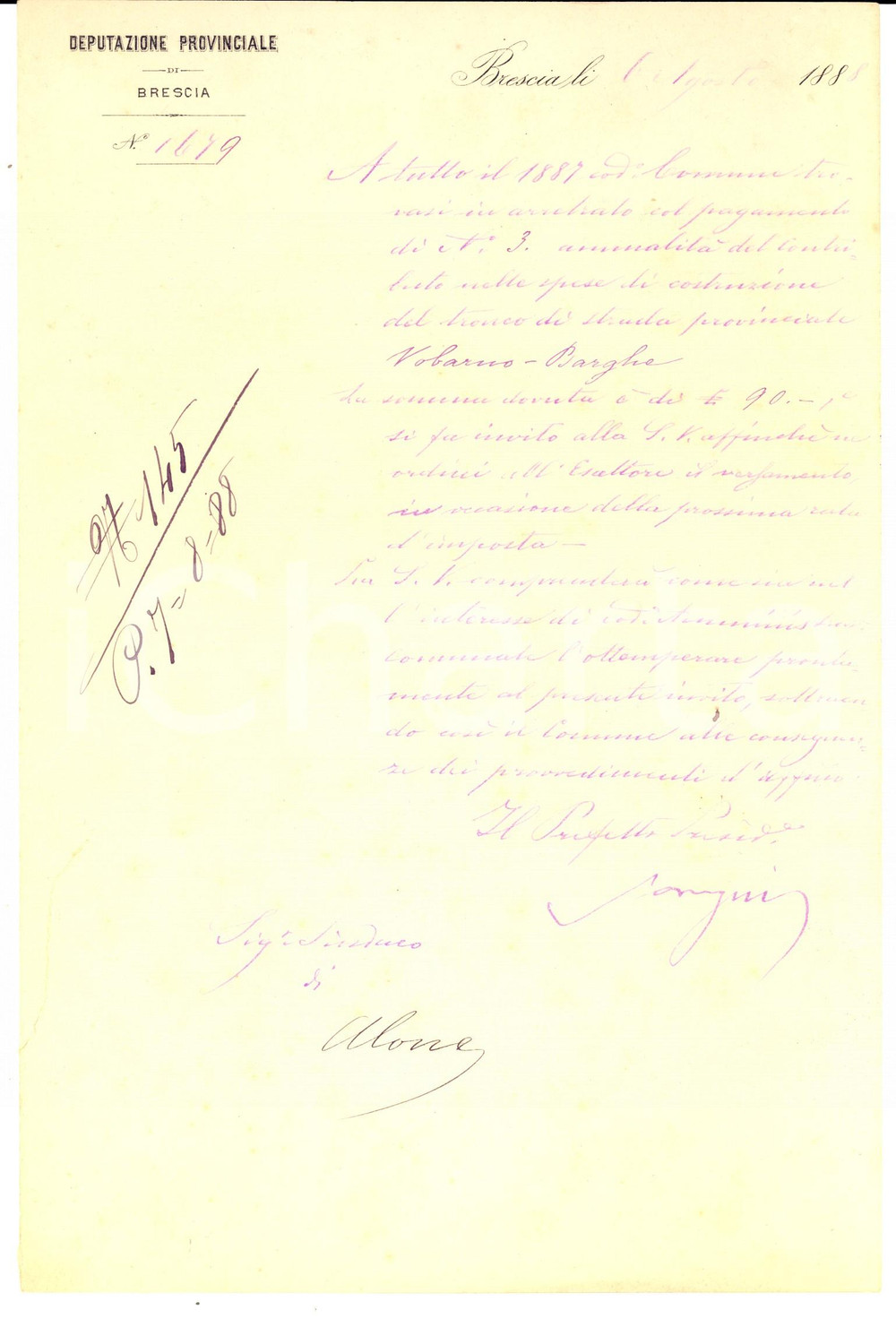 Documento originale, autentico 1888 ALONE / CASTO BS Contributi per strada provinciale VOBARNOBARGHE 1