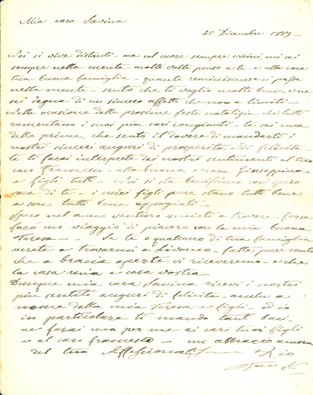 Autografo originale 1889 LIVORNO Patriota Antonio TOSI augura buon NATALE  a nipote Savina AUTOGRAFO 1