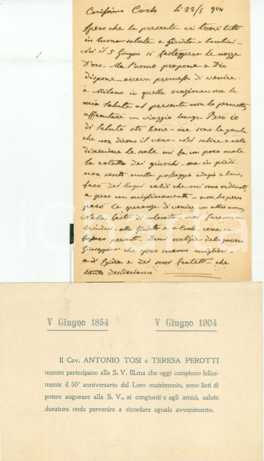 Autografo originale 1904 LIVORNO Patriota Antonio TOSI celebra le nozze d  oro Lettera AUTOGRAFA 1