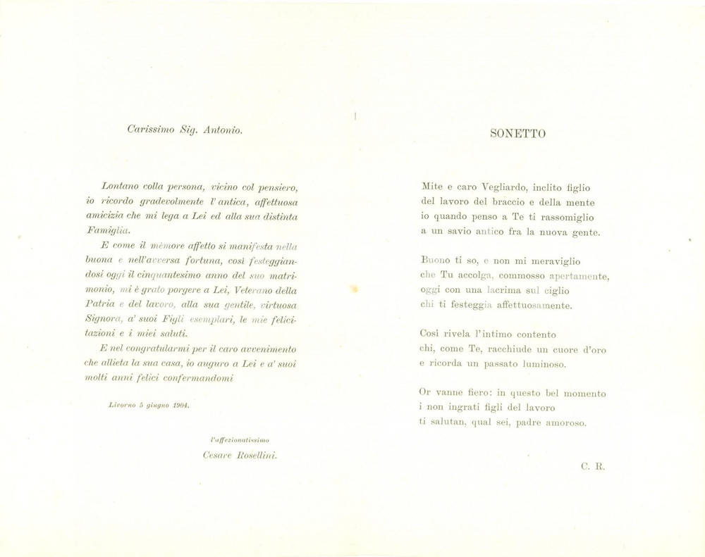 Documento originale, autentico 1904 LIVORNO Cantiere ORLANDO Nozze d oro patriota Antonio TOSI  Poesia 1