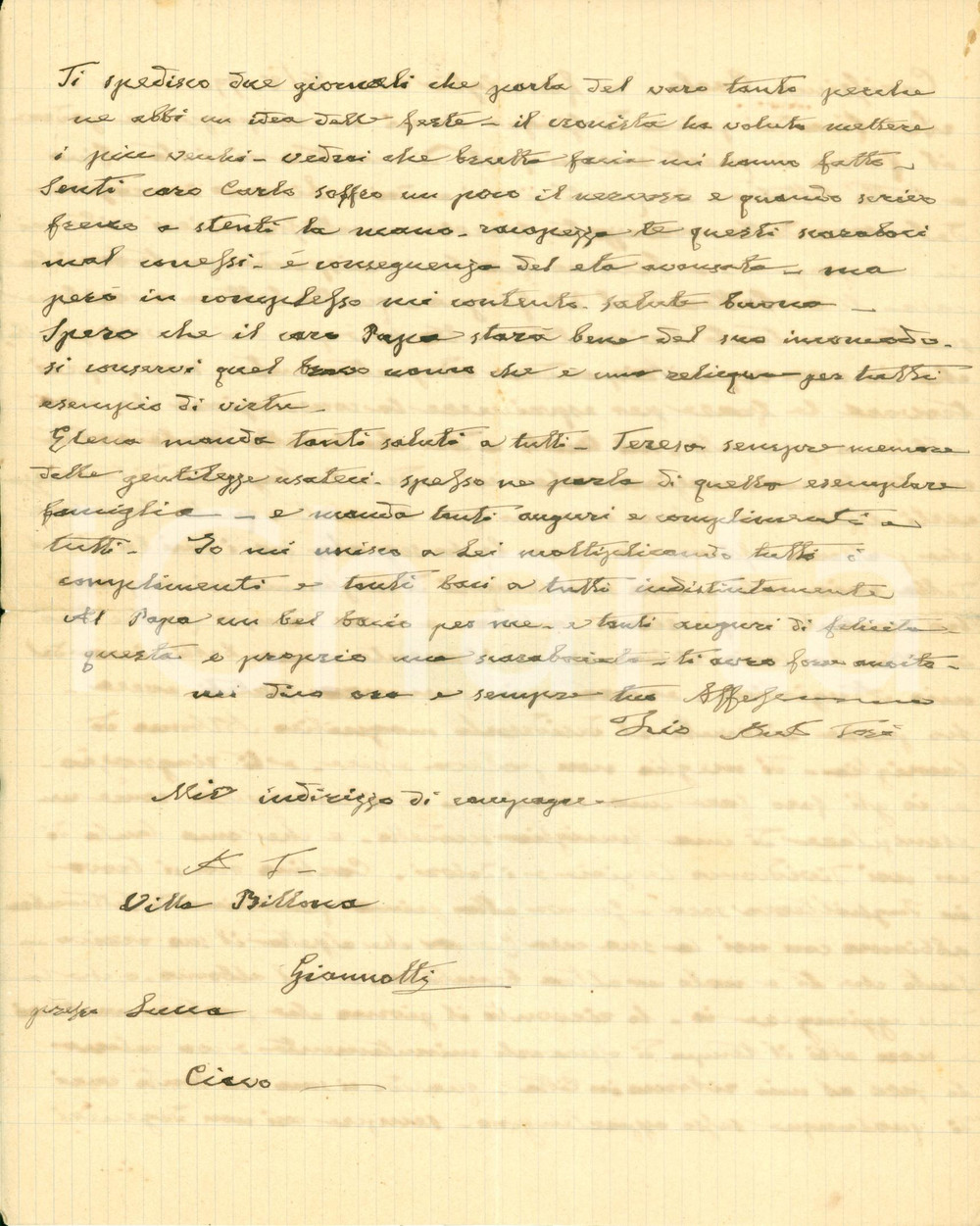 Autografo originale 1899 LIVORNO Patriota Antonio TOSI ringrazia per doni ricevuti Lettera AUTOGRAFA 1