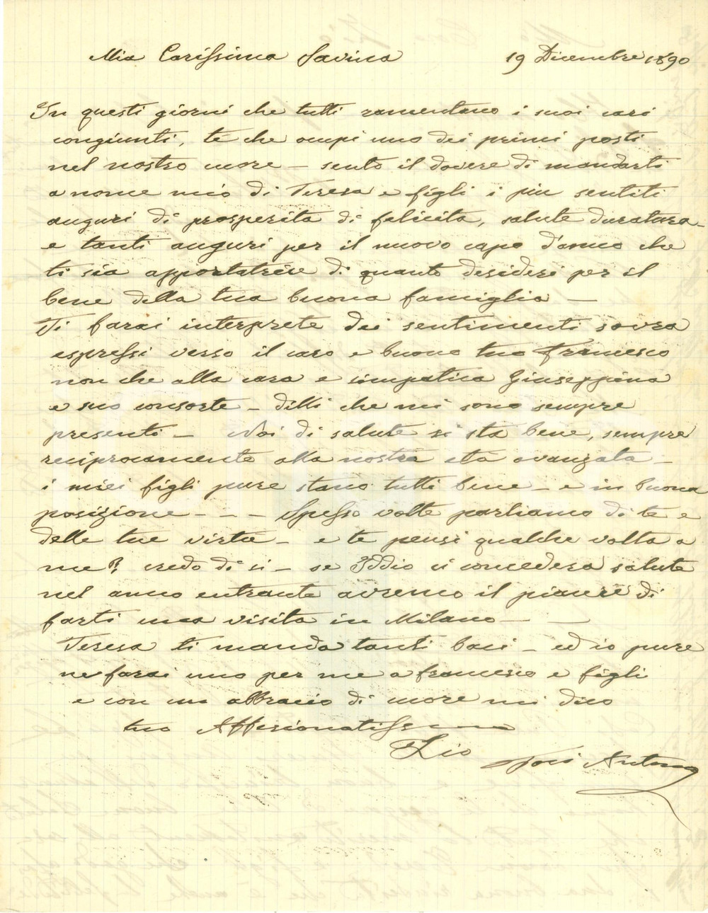 Autografo originale 1890 LIVORNO Patriota Antonio TOSI augura buon CAPODANNO alla nipote AUTOGRAFO 1