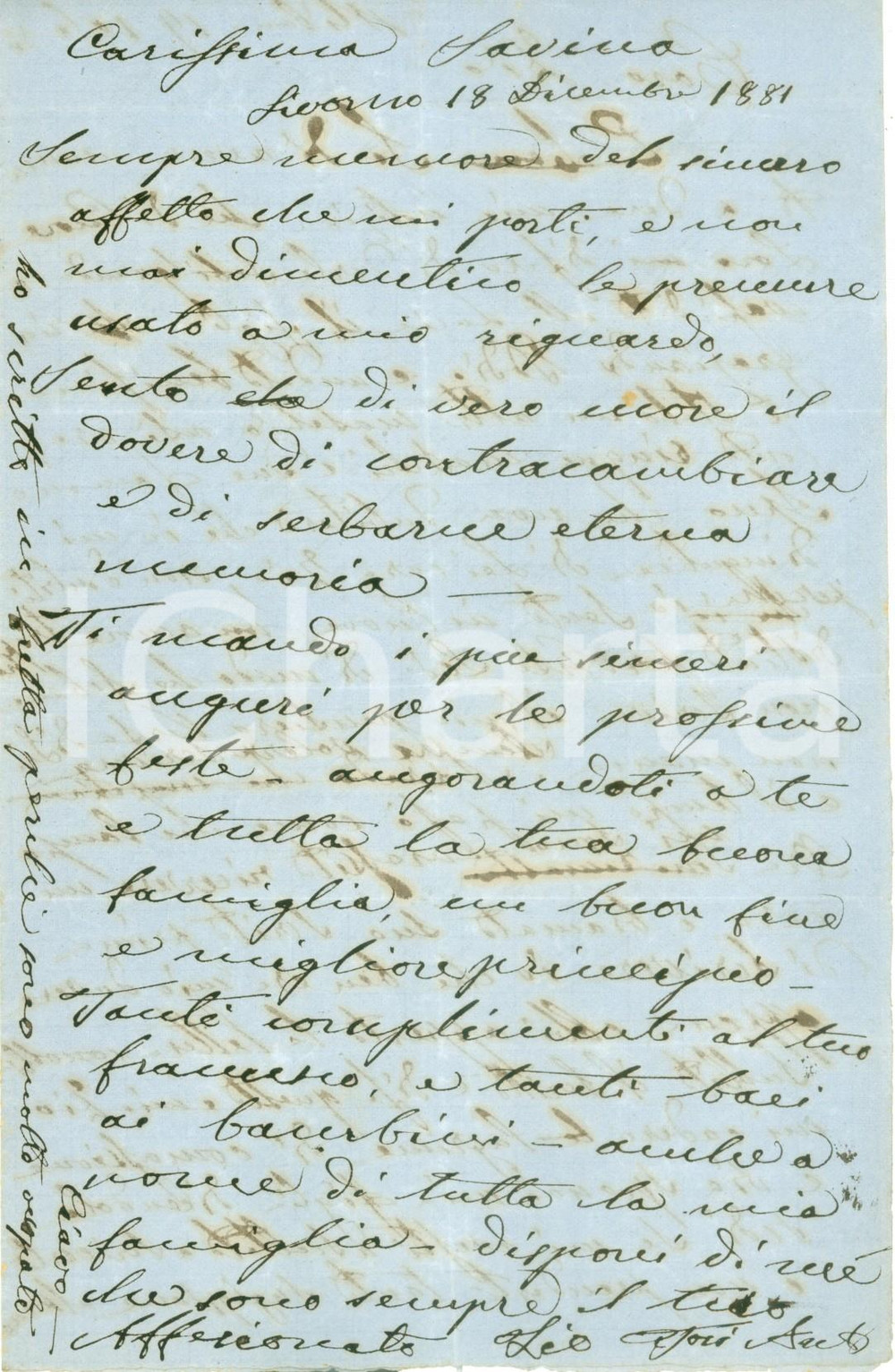 Autografo originale 1881 LIVORNO Patriota Antonio TOSI manda auguri di NATALE alla nipote AUTOGRAFO 1