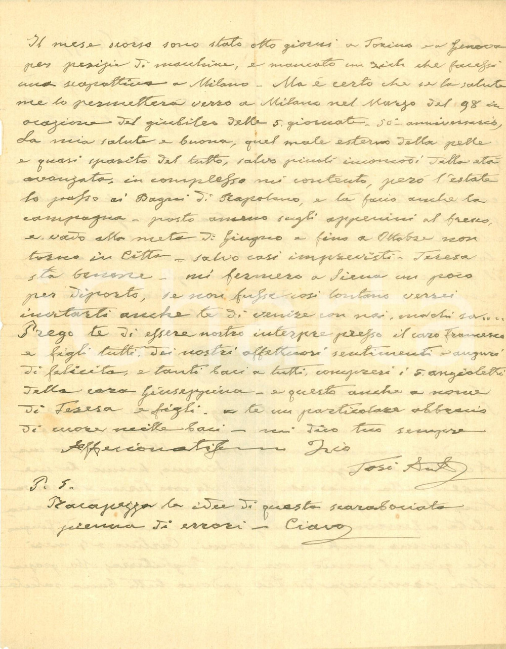 Autografo originale 1897 LIVORNO Patriota Antonio TOSI racconta festa di fidanzamento AUTOGRAFO 1