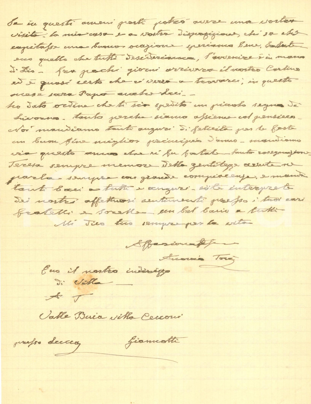 Autografo originale 1899 LIVORNO Patriota Antonio TOSI sta meglio in campagna Lettera AUTOGRAFA 1