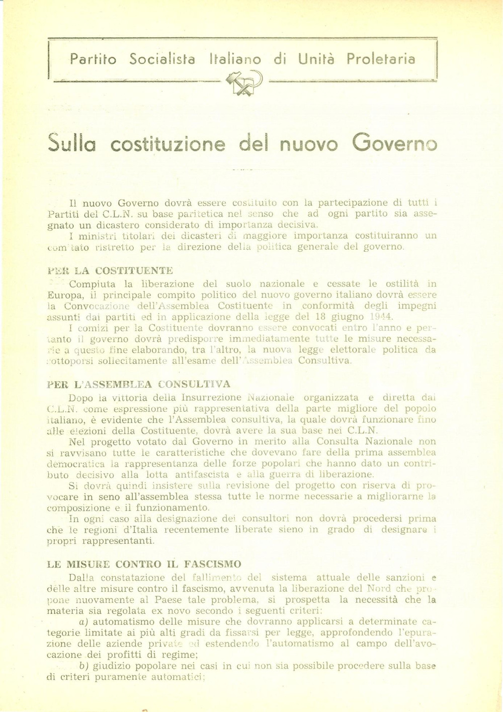 Documento originale, autentico 1945 PROPAGANDA PSIUP Nuovo Governo con CLN e misure contro Fascismo Volantino 1