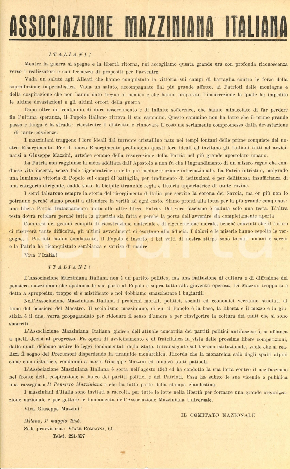 Documento originale, autentico 1945 PROPAGANDA Associazione Mazziniana Italiana saluta fine della guerra 1 1