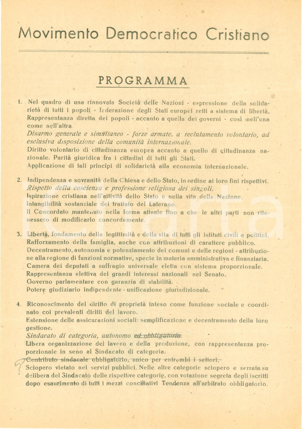 Documento originale, autentico 1945 ELEZIONI POLITICHE Programma Movimento Democratico Cristiano Volantino 1
