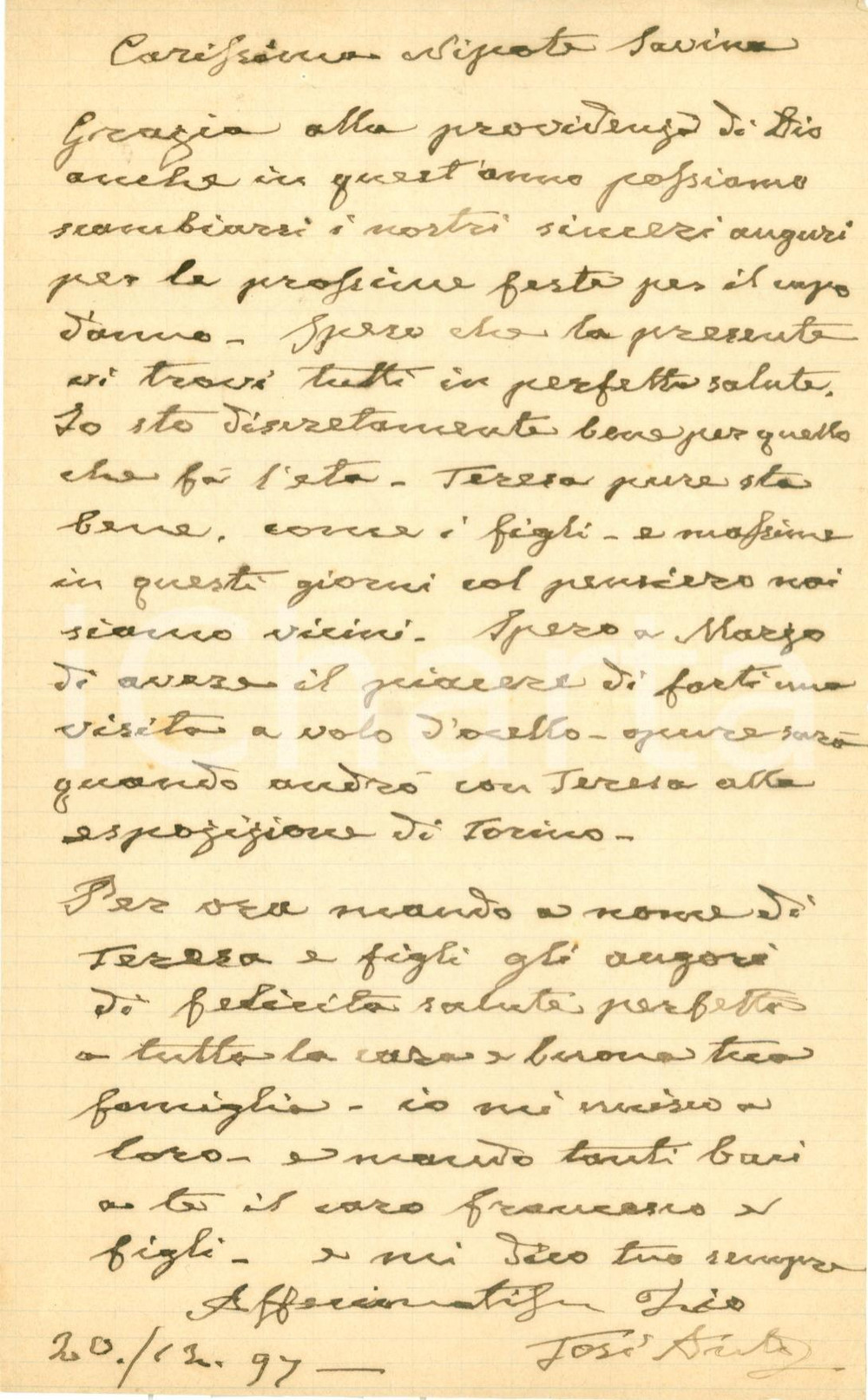 Autografo originale 1897 LIVORNO Patriota Antonio TOSI manda auguri alla nipote AUTOGRAFO 1