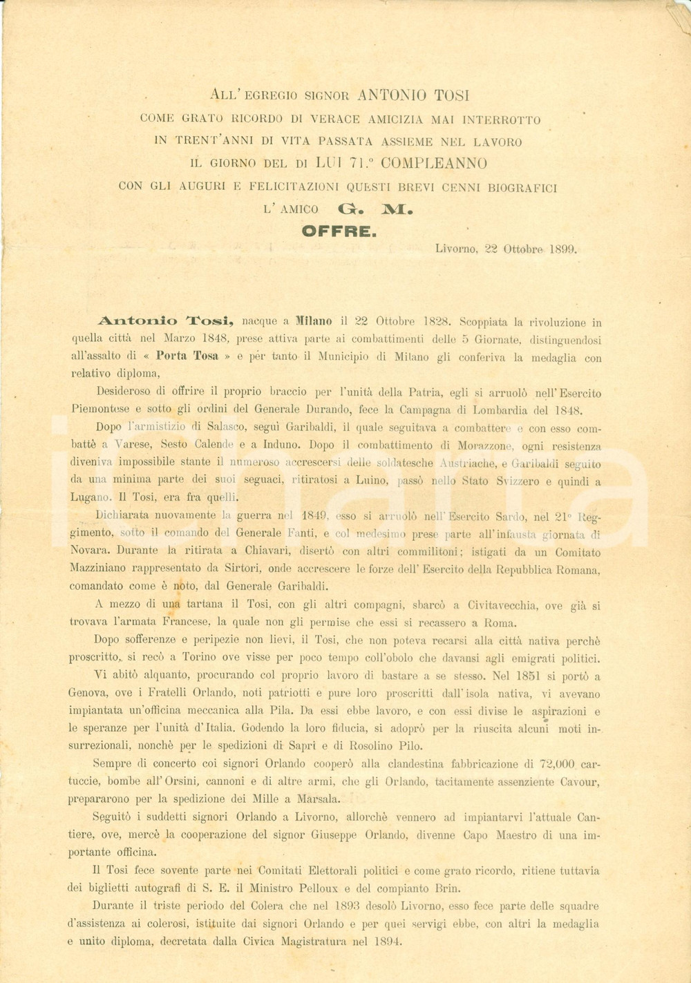 Documento originale, autentico 1899 LIVORNO Per 70° compleanno Antonio TOSI patriota CINQUE GIORNATE DI MILANO 1