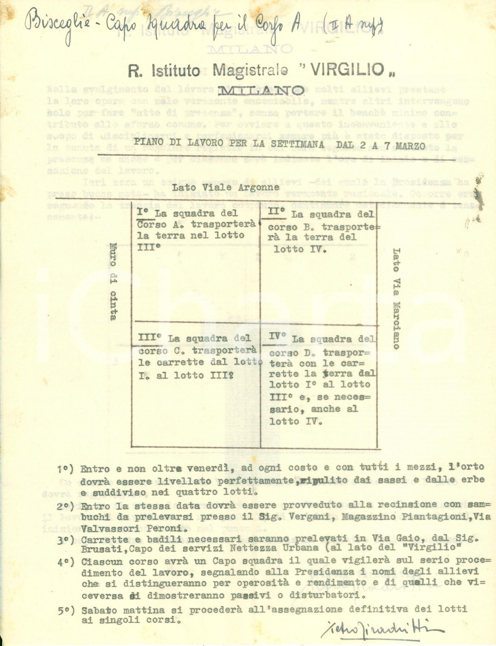 Documento originale, autentico 1940 ca WW2 MILANO Istituto Magistrale VIRGILIO  Realizzazione orti di guerra 1