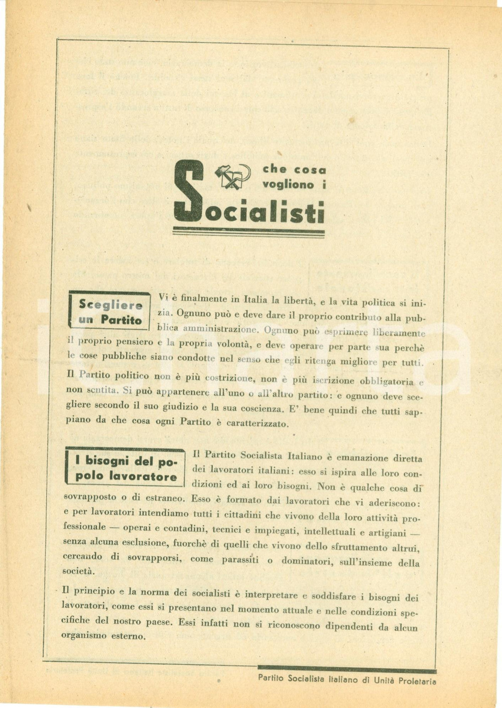 Documento originale, autentico 1945 PSIUP Partito Socialista Italiano Unità Proletaria vuole la  repubblica 1