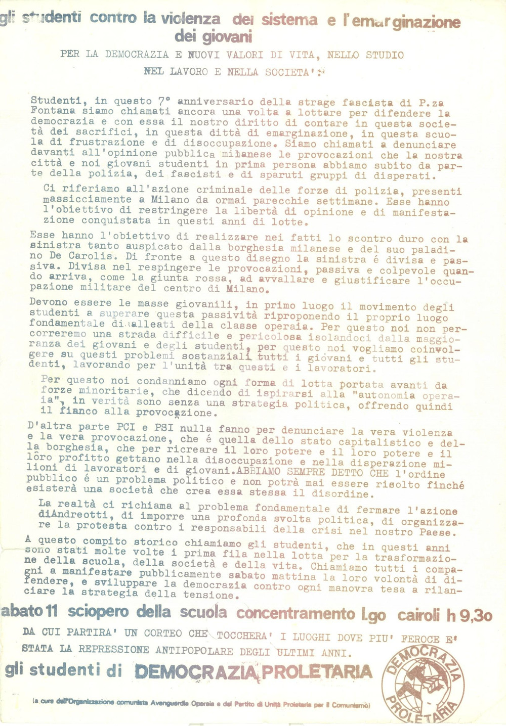 Documento originale, autentico 1972 MILANO DEMOCRAZIA PROLETARIA Anniversario strage PIAZZA FONTANA Volantino 1
