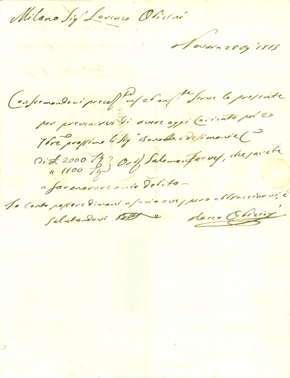 Documento originale, autentico 1815 NOVARA Rocco OBICINI aggiona  il padre su alcune tratte Prefilatelica 1