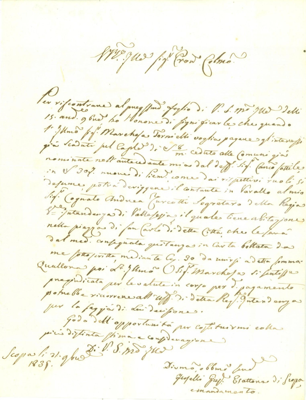 Documento originale, autentico 1835 SCOPA VC Marchese TORNIELLI non paga interessi scaduti Prefilatelica 1
