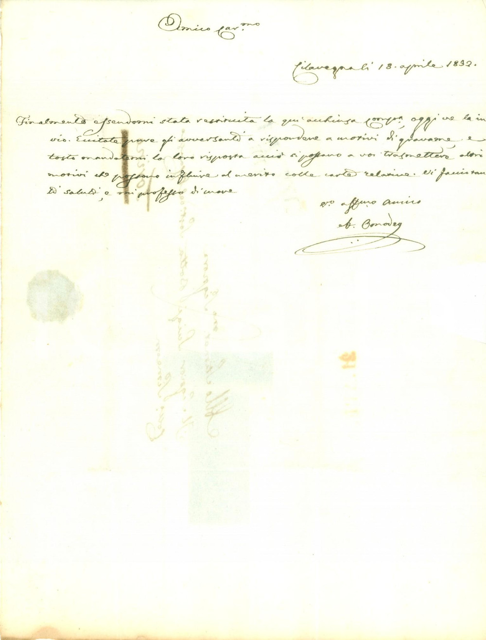 Documento originale, autentico 1832 CILAVEGNA PV Avvocato OMODEI trasmette carte a Luigi BOTTA Prefilatelica 1