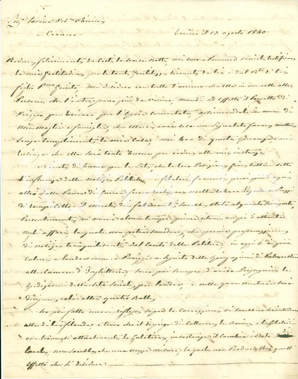 Documento originale, autentico 1840 TORINO Vendite della seta ostacolate dalla paura della guerra Prefilatelica 1