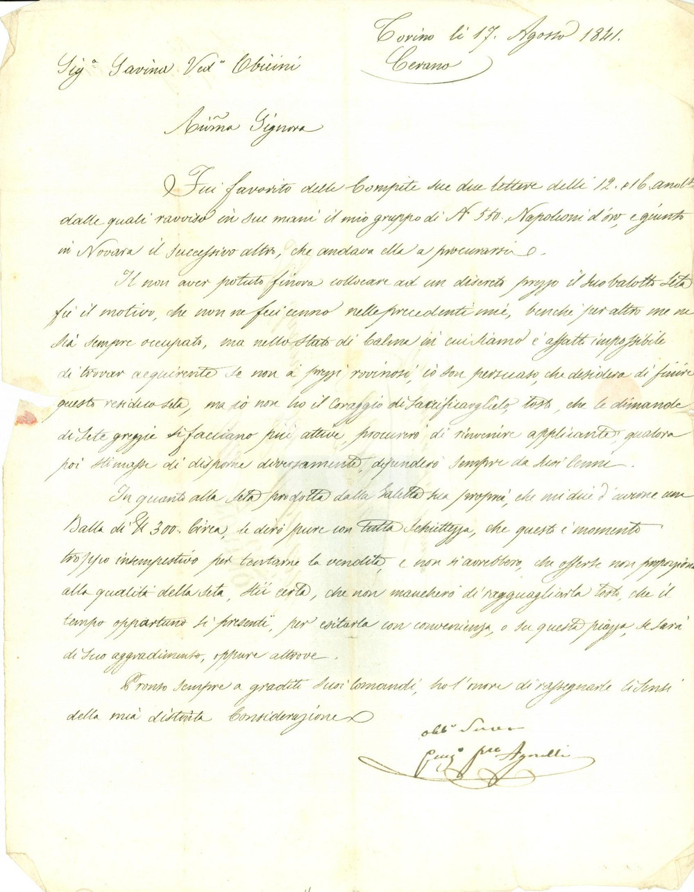 Documento originale, autentico 1841 TORINO Per ora la seta si puÃ² vendere solo a prezzi rovinosi Lettera 1