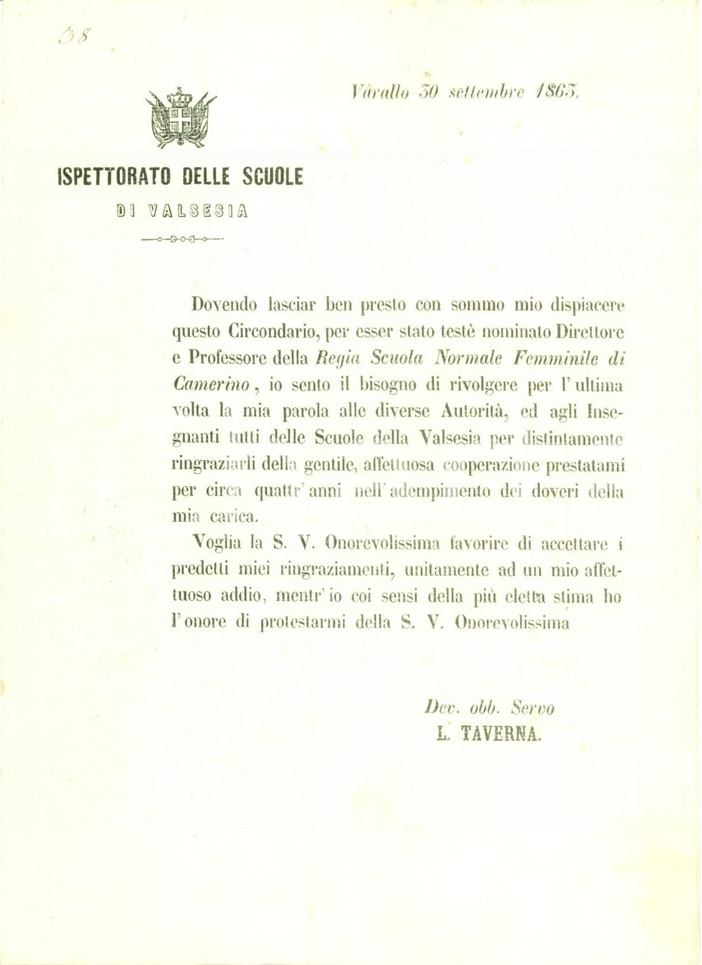 Documento originale, autentico 1863 VARALLO VC Luigi TAVERNA  nuovo Direttore Scuola Normale Femminile CAMERINO 1