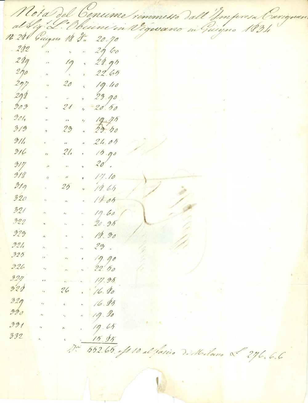 Documento originale, autentico 1834 VIGEVANO PV Impresa CARIGNANO consegna concime a Lorenzo OBICINI Lettera 1