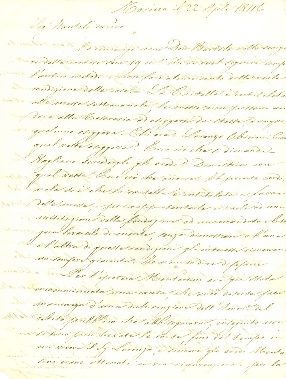 Documento originale, autentico 1846 NOVARA Eredi di Lorenzo OBICINI non possono esigere messe settimanali 1