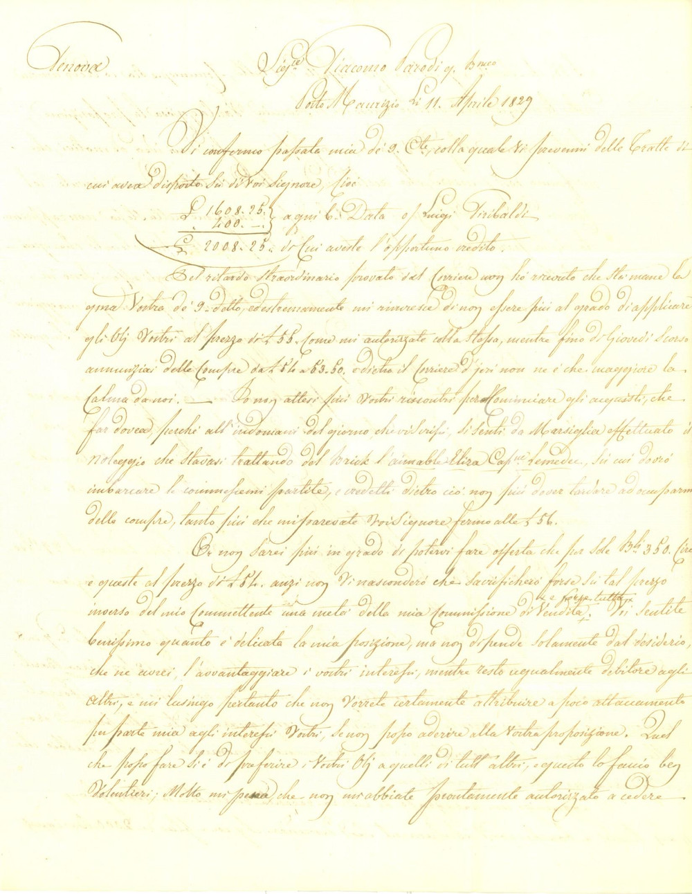 Documento originale, autentico 1829 PORTO MAURIZIO Affari stagnano perchÃ© siamo piÃ¹ cari di tutti Lettera 1