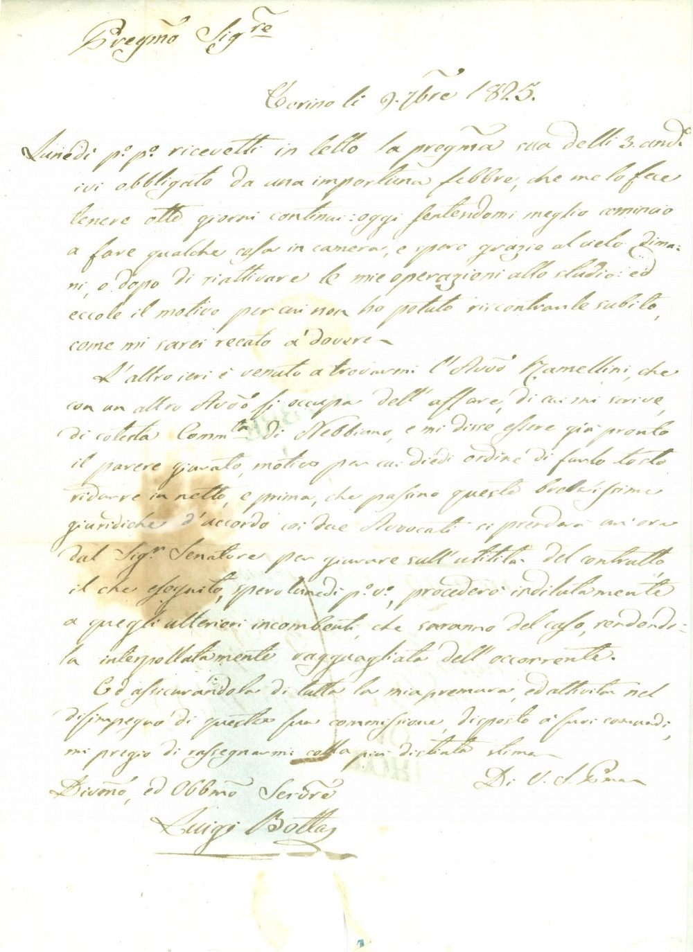 Documento originale, autentico 1825 NEBBIUNO NO Avvocato Luigi BOTTA guarito dalla febbre riprende il lavoro 1