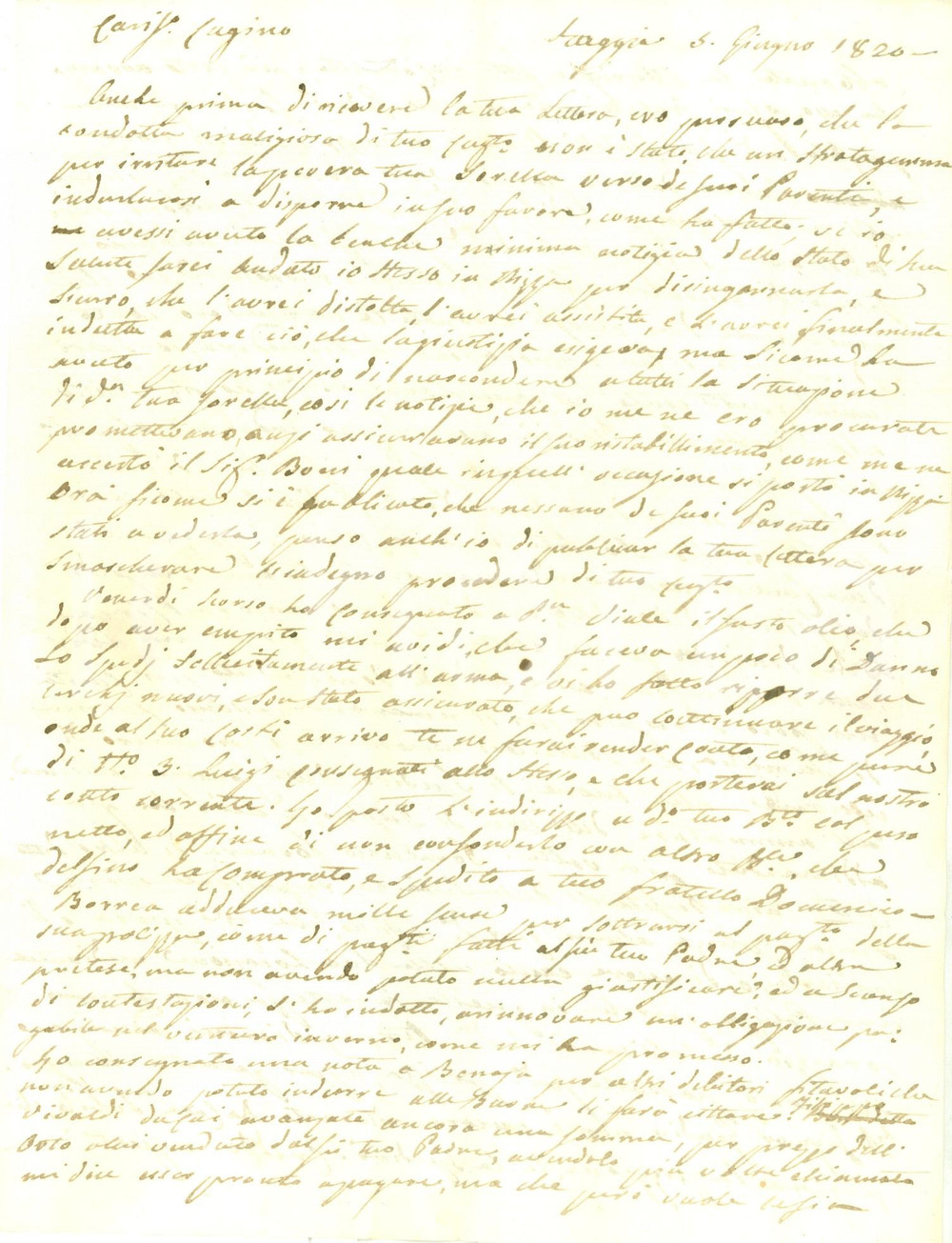 Documento originale, autentico 1820 TAGGIA IM Affari di Giuseppe BIANCHI con olio e cantine Prefilatelica 1